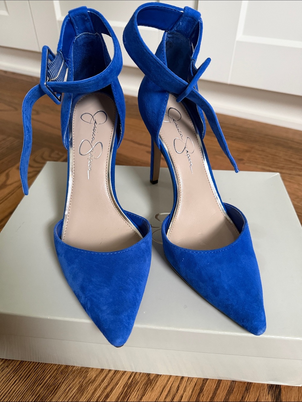 Jessica Simpson Cobalt Blue Suede Pointed-Toe Ankle Tie Heels